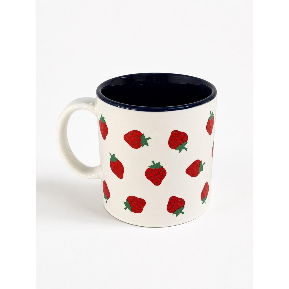 Strawberry Print Ceramic Coffee Mug Navy Blue Interior Red Berry Cottagecore Cup